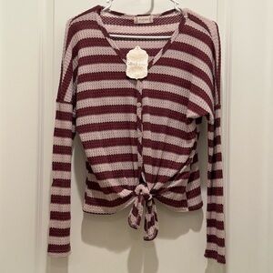 Altar’d State Burgundy & Cream Striped Waffle Knit Tie-Front Top | Size S
